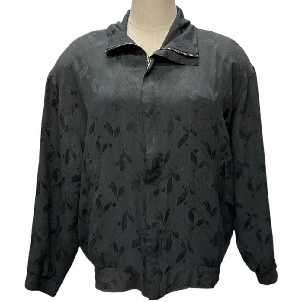 Vintage Fuda International Full Zip Bomber‎ Jacket Sz S Black Gray Leaf Pattern